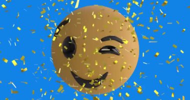 Mavi arka planda gülümseyen emoji ikonunun üzerine düşen konfeti animasyonu. Sosyal medya ve iletişim konsepti dijital olarak oluşturulmuş video.