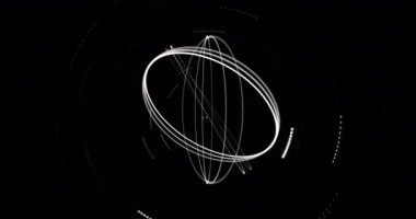 Beyaz halkaların dönmesi ve siyah arkaplan üzerinde hareket eden ışık noktaları. 