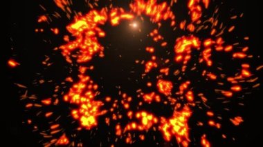 Turuncu parçacıkların patlaması ve siyah arkaplanda hareket eden dairesel alevli ışık izi. hareket, enerji ve bağlantı arka plan kavramı dijital olarak oluşturulmuş video.