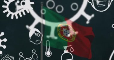 Portekiz bayrağı üzerinde covid 19 virüs hücresi ve dijital ikonların animasyonu. küresel covid 19 salgın konsepti dijital olarak oluşturulmuş video.