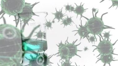 Dijital ikonlar ve Coperid-19 hücrelerden oluşan bir ağ beyaz arkaplana karşı kimyasal bir şişenin üzerinde. Coronavirus covid-19 salgın konsepti