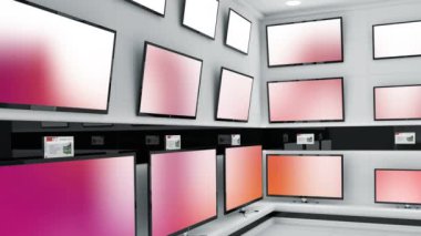 Satır sıra televizyon setlerinin animasyonu ve fotokopi alanı ile parlayan ekranlar. teknoloji ve iletişim konsepti dijital olarak oluşturulmuş video.