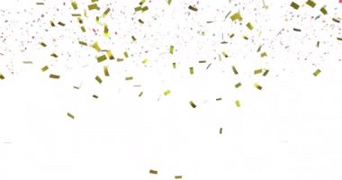Beyaz arka plana düşen altın konfetilerinin animasyonu. kutlama, gelenek ve olay konsepti dijital olarak oluşturulmuş video.