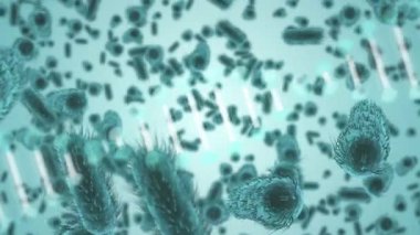 Coperid 19 hücrenin üzerinde dönen DNA iplikçiklerinin canlandırması. küresel covid 19 salgın konsepti dijital olarak oluşturulmuş video.