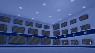 Satır sıra televizyon setlerinin animasyonu ve fotokopi alanı ile parlayan ekranlar. teknoloji ve iletişim konsepti dijital olarak oluşturulmuş video.