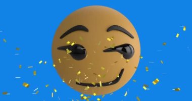 Mavi arka planda gülümseyen emoji ikonunun üzerine düşen konfeti animasyonu. Sosyal medya ve iletişim konsepti dijital olarak oluşturulmuş video.