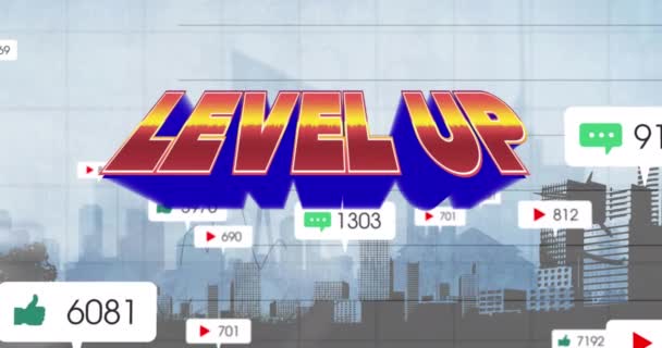 Animation Level Text Icons Digital Cityscape Video Game Digital Interface — Stock Video