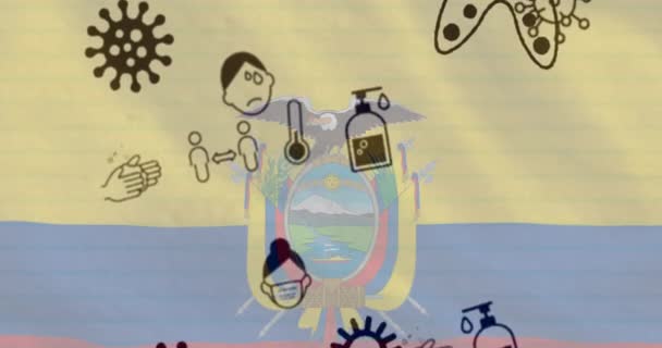 エクアドルの旗の上にCovid 19ウイルス細胞とデジタルアイコンのアニメーション 世界中で流行している19の概念をデジタルで — ストック動画