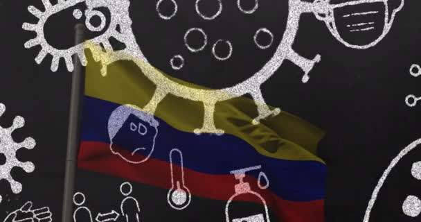 Animace Kovidních Virových Buněk Digitálních Ikon Nad Vlajkou Kolumbie Globální — Stock video