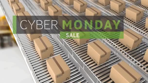 Animation Cyber Monday Sale Text Cardboard Boxes Conveyor Belts Global — Stock Video