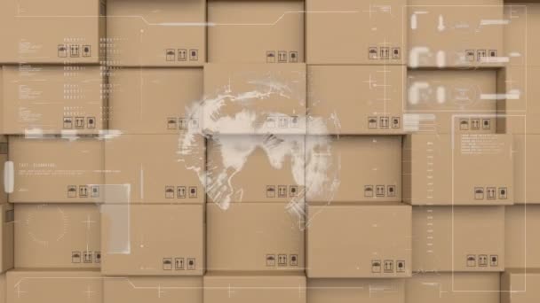 Animación Globo Estadísticas Sobre Cajas Cartón Segundo Plano Concepto Global — Vídeos de Stock