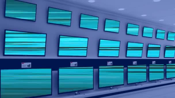 Animacja Rzędów Telewizorów Sklepie Świecącymi Ekranami Przestrzenią Kopiowania Koncepcja Technologii — Wideo stockowe