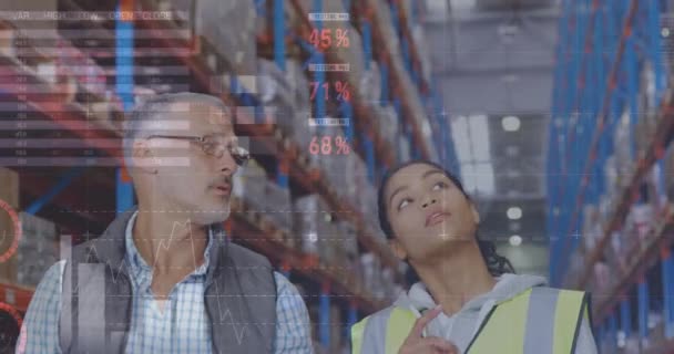 对仓库工作人员的数据处理进行动画化处理 全球航运 交付和连接概念数字生成视频 — 图库视频影像