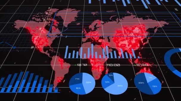 Animation Data Processing World Map Covid Text Black Background Global — Stock Video