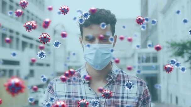 Animación Células Del Virus Covid Sobre Hombre Que Usa Mascarilla — Vídeo de stock