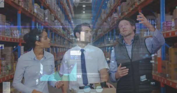 Animatie Van Gegevensverwerking Mensen Die Het Magazijn Werken Global Shipping — Stockvideo