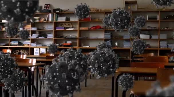 空の教室でのコロナウイルス細胞のアニメーション コロナウイルスの学校教育研究では19のパンデミックの概念がデジタルで生成され — ストック動画