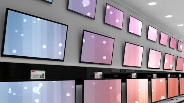 텔레비전이 줄지어 배열되어 밝은색 스크린 이진열되어 디지털로 만들어 비디오 — 비디오