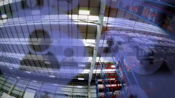 空の倉庫上のデジタルアイコンやデータ処理のアニメーション 世界中の出荷 接続の概念デジタル生成ビデオ — ストック動画