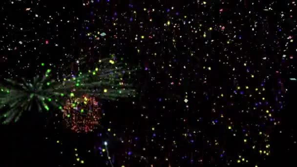 Анимация Красочных Фейерверков Взрывающихся Падающих Конфетти Черном Фоне Празднование Традиции — стоковое видео
