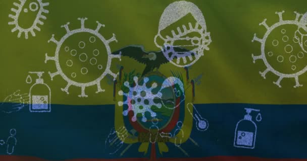 在厄瓜多尔国旗上制作了19个病毒细胞和数字图标 全球联盟19大流行病概念数码视频 — 图库视频影像