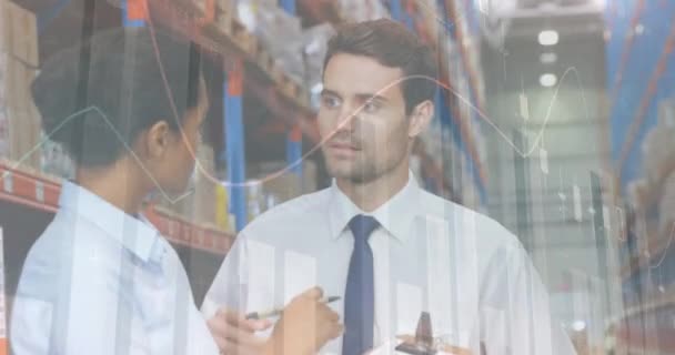 창고에서 일하는 사람들을 데이터 애니메이션 글로벌 디지털 비디오 — 비디오