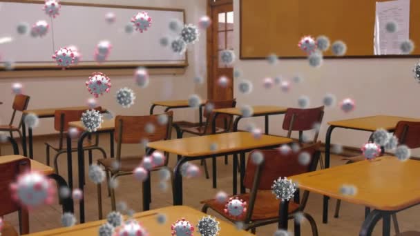 Animasi Sel Sel Coronavirus Atas Ruang Kelas Kosong Sekolah Pendidikan — Stok Video