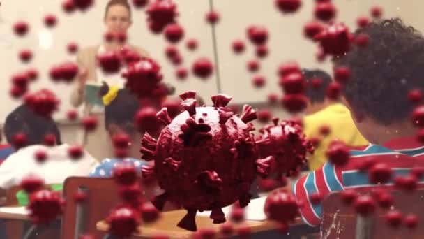 学習上のコロナウイルス細胞のアニメーション コロナウイルスの学校教育研究では19のパンデミックの概念がデジタルで生成され — ストック動画