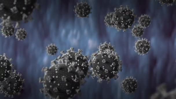 在黑色背景上对Covid 19病毒细胞进行动画化 全球联盟19大流行病概念数码视频 — 图库视频影像