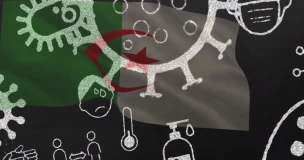 Animación Células Virus Covid Iconos Digitales Sobre Bandera Algeria Global — Vídeos de Stock