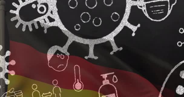Анимирование Ковидовых Вирусных Клеток Цифровых Вирусов Над Германо Американским Флагом — стоковое видео
