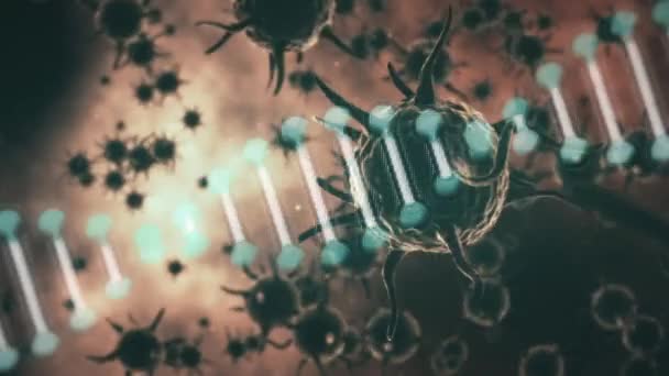 Animazione Del Filamento Del Dna Che Gira Cellule Covid Galleggianti — Video Stock