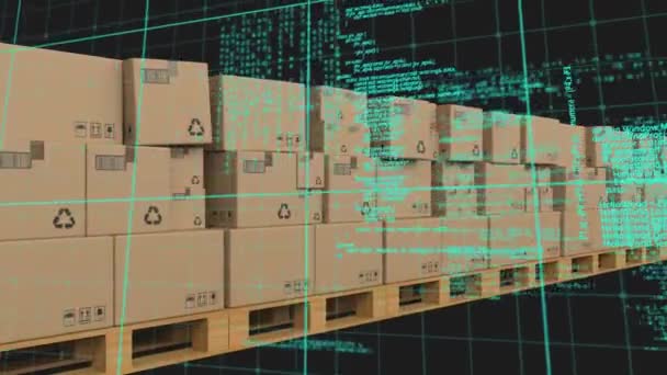 背景にコンベアベルト上の段ボール箱上のデータ処理のアニメーション 世界的な出荷と接続の概念デジタル生成されたビデオ — ストック動画