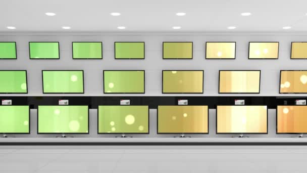 Animace Řad Televizních Přijímačů Obchodě Zářivými Obrazovkami Kopírovacím Prostorem Technologie — Stock video