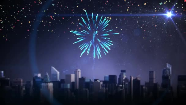 Animation Von Buntem Konfetti Und Feuerwerk Über Dem Nächtlichen Stadtbild — Stockvideo