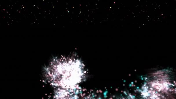 Animatie Van Kleurrijk Vuurwerk Exploderende Vallende Confetti Zwarte Achtergrond Viering — Stockvideo