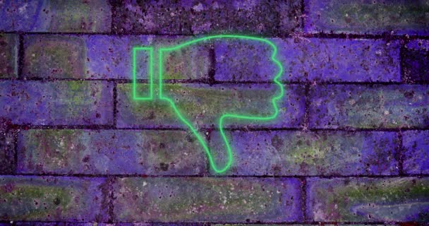 Animation Flickering Neon Social Media Thumbs Icon Brick Wall Έννοια — Αρχείο Βίντεο