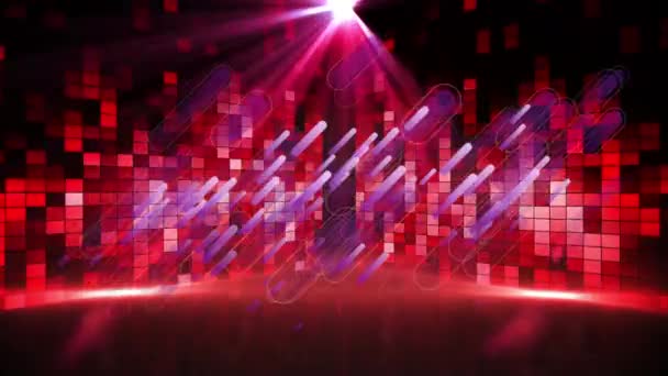 Анимация Фиолетового Фейерверка Движущихся Квадратных Красных Огней Прожекторами Черном Фоне — стоковое видео