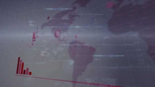 Animation Von Statistiken Und Datenverarbeitung Über Weltkarte Hintergrund Globales Geschäfts — Stockvideo