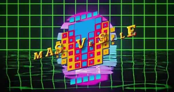 Animation Vente Massive Texte Sur Carrés Fond Grille Rétro Vintage — Video