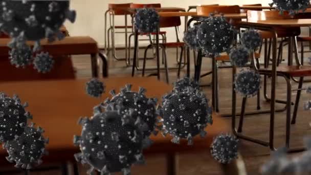 Boş Sınıfın Üzerinde Koronavirüs Hücrelerinin Animasyonu Coronavirus Covid Salgını Sırasında — Stok video