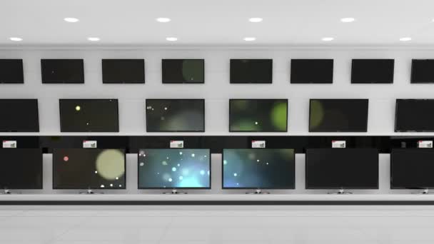 コピースペースと輝く画面と店内のテレビセットの行のアニメーション テクノロジーとコミュニケーションの概念をデジタルで生成し — ストック動画