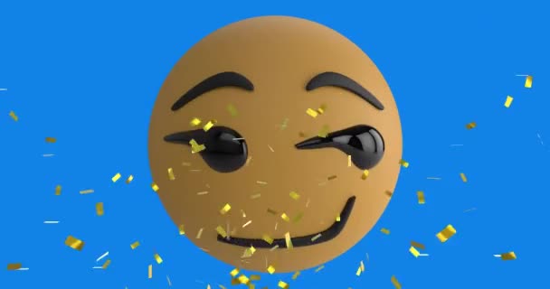 Animação Confetes Caindo Sobre Ícone Emoji Sorridente Fundo Azul Conceito — Vídeo de Stock