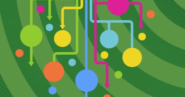 绿色条纹背景上色彩斑斓的连通圆环和粉色形状的动画 — 图库视频影像