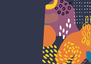 Mor arka planda birden fazla renkli şekil ve lekelerin bileşimi. soyut arkaplan kavramı dijital olarak oluşturulmuş resim.