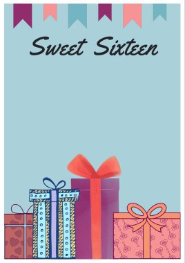 Doğum günü partisi metninin kompozisyonu mavi arka sayfadaki hediye simgelerinin üzerine. olay daveti konsepti dijital olarak oluşturulmuş resim.