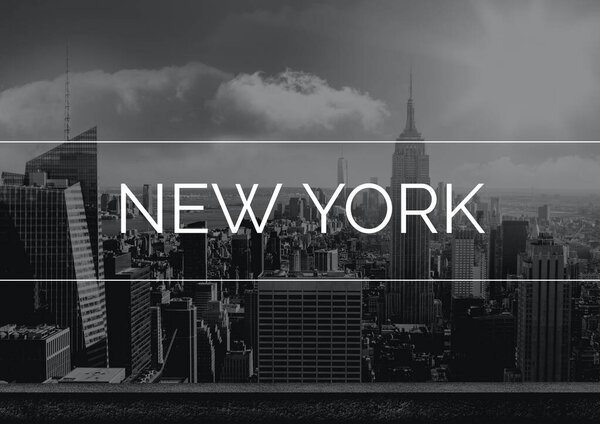 Composition of new york text over cityscape. traveling online promotional communication concept digitally generated image.