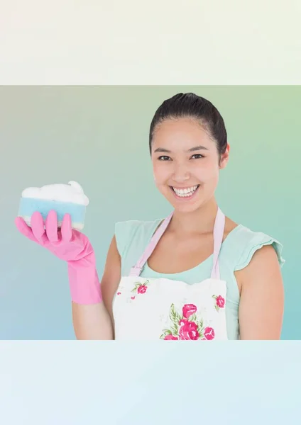 Composition Asian Woman Cleaning Equipment Cleaning Beauty Hygiene Product Concept — Stock Photo, Image