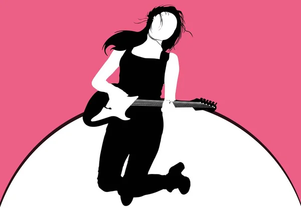 ピンクの背景にギターアイコンを演奏する女性の構成 レジャーとエンターテイメントの概念をデジタルで生成されたイメージ — ストック写真