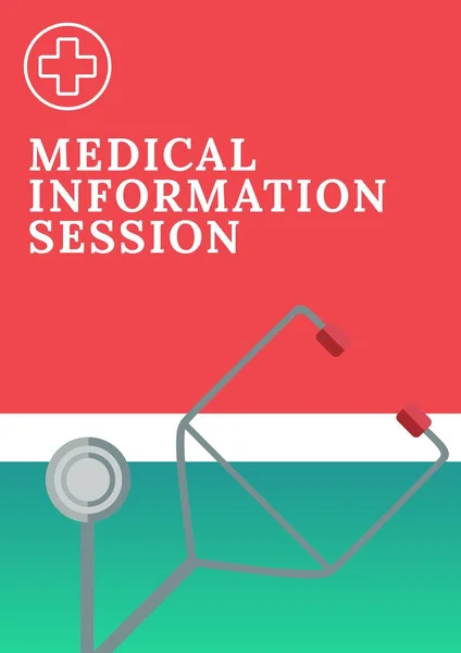 赤と緑の背景に医療アイコン上の医学と医療テキストの構成 健康福祉サービスプロモーションコミュニケーションコンセプトデジタル生成画像 — ストック写真